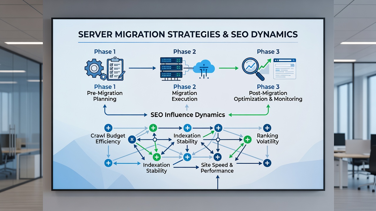 Network diagram illustrating SEO impact points during server relocation including redirects and performance monitoring